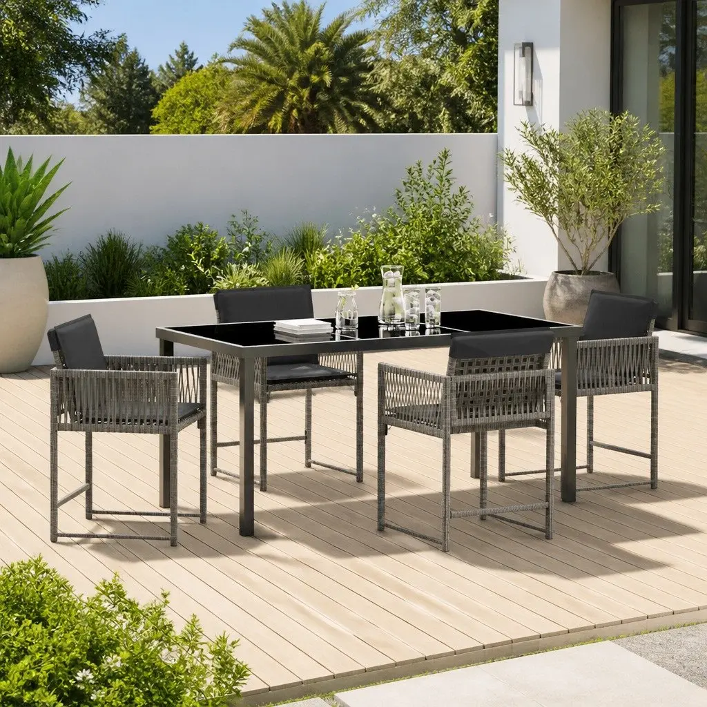 Garden Dining Set Poly Rattan Steel 5 Piece Grey Outdoor Furniture Table Chairs