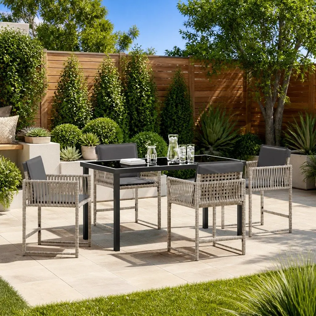 Garden Dining Set Poly Rattan Steel 5 Piece Light Grey Patio Table