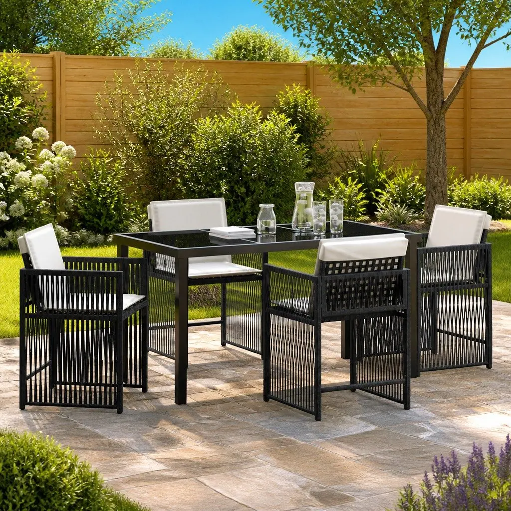 Outdoor Poly Rattan Dining Set 5 Piece Black Furniture Table with Cushioned Chairs