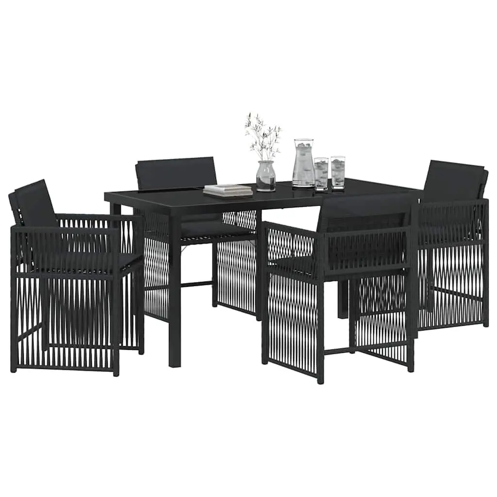 5 Piece Garden Dining Set Black Poly Rattan Chairs and Glass Top Table Outdoor Furniture