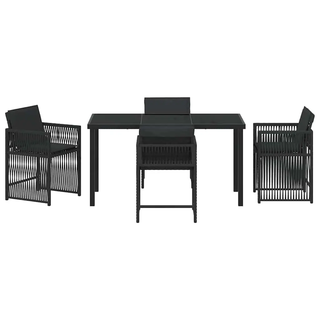 5 Piece Garden Dining Set Black Poly Rattan Chairs and Glass Top Table Outdoor Furniture