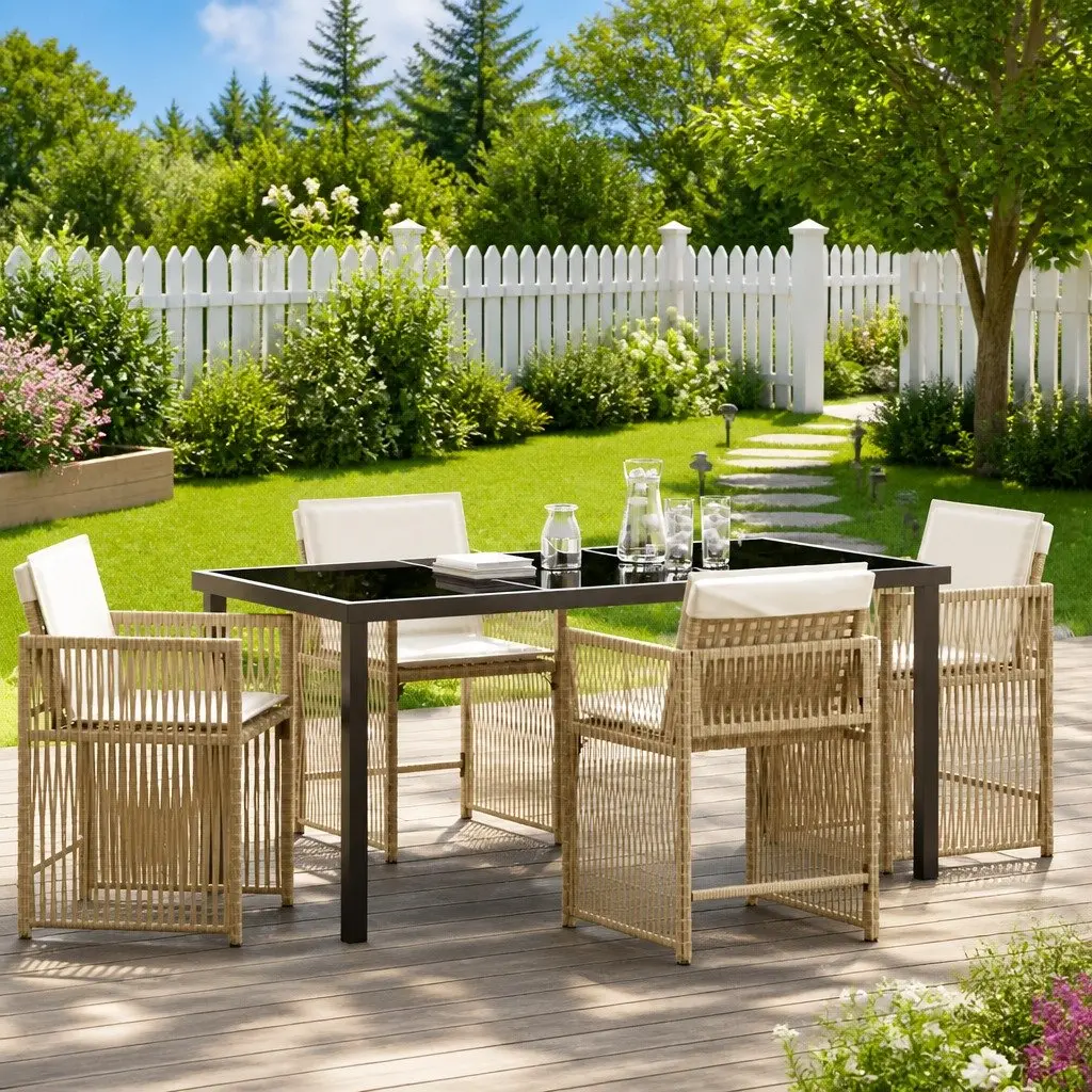 5 Piece Outdoor Furniture Dining Set Beige Poly Rattan Cushioned Chairs and Glass Table Garden Patio