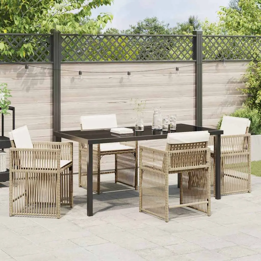 5 Piece Outdoor Furniture Dining Set Beige Poly Rattan Cushioned Chairs and Glass Table Garden Patio