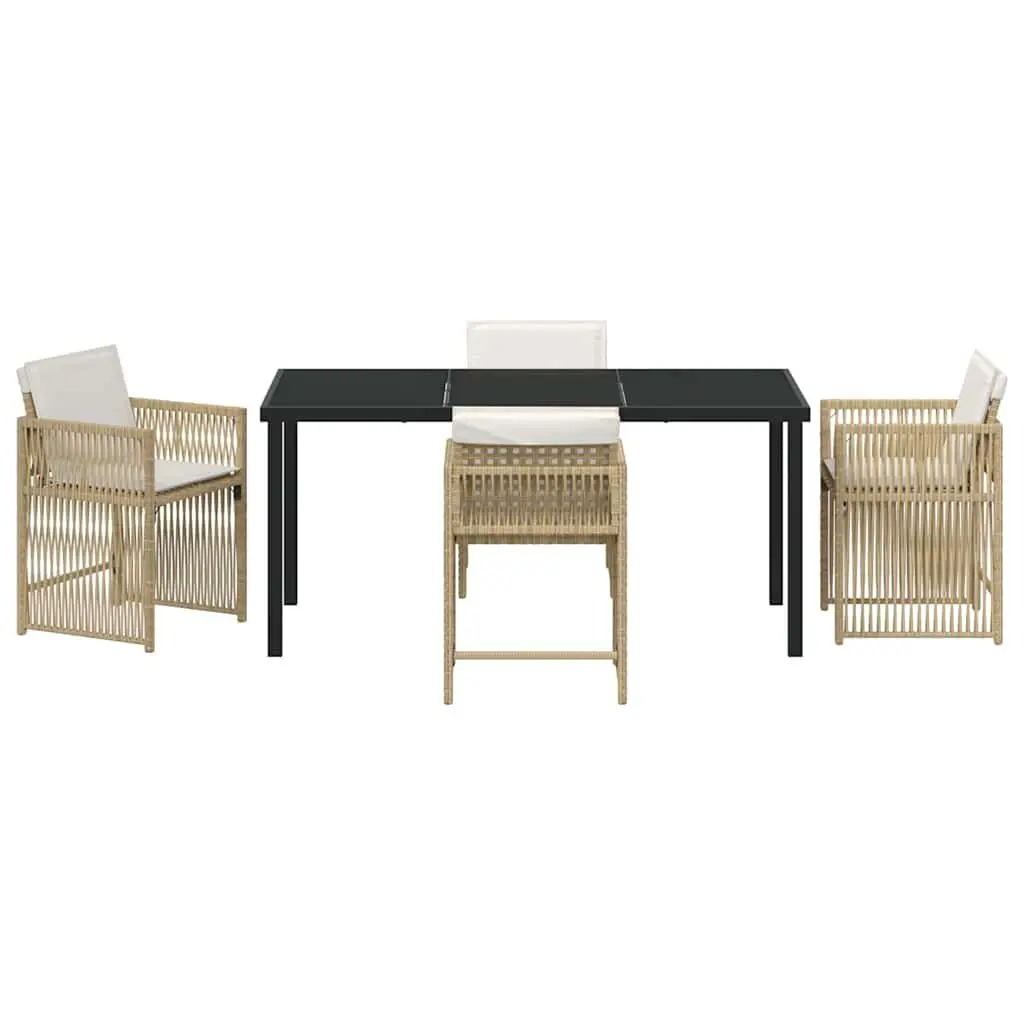5 Piece Outdoor Furniture Dining Set Beige Poly Rattan Cushioned Chairs and Glass Table Garden Patio