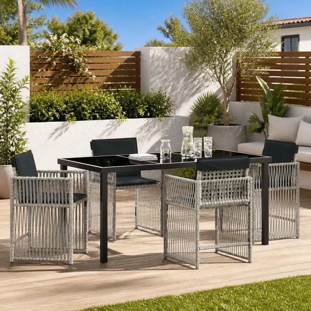 Garden Dining Set Poly Rattan Light Grey 5 Piece Outdoor Furniture with Cushioned Chairs and Glass Top Table