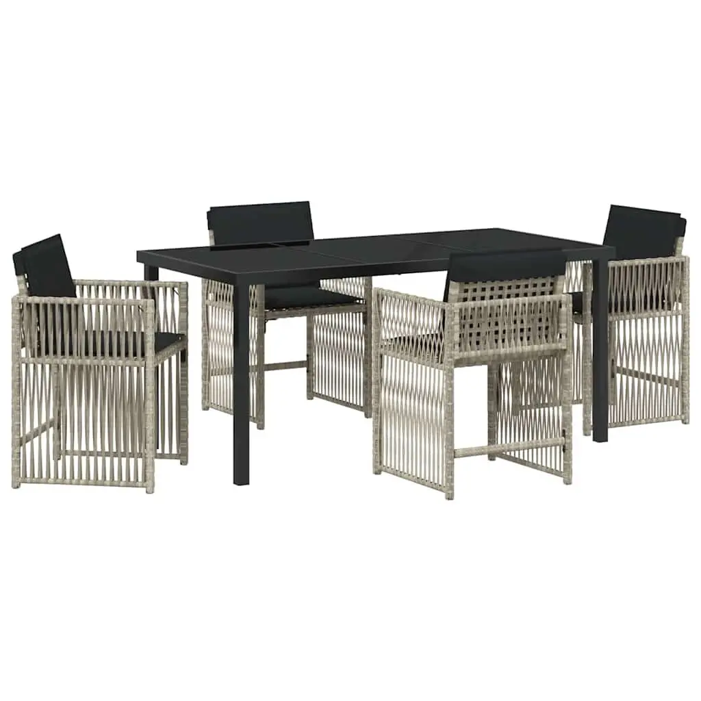 Garden Dining Set Poly Rattan Light Grey 5 Piece Outdoor Furniture with Cushioned Chairs and Glass Top Table