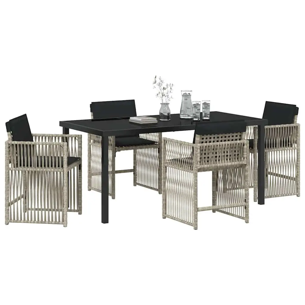 Garden Dining Set Poly Rattan Light Grey 5 Piece Outdoor Furniture with Cushioned Chairs and Glass Top Table