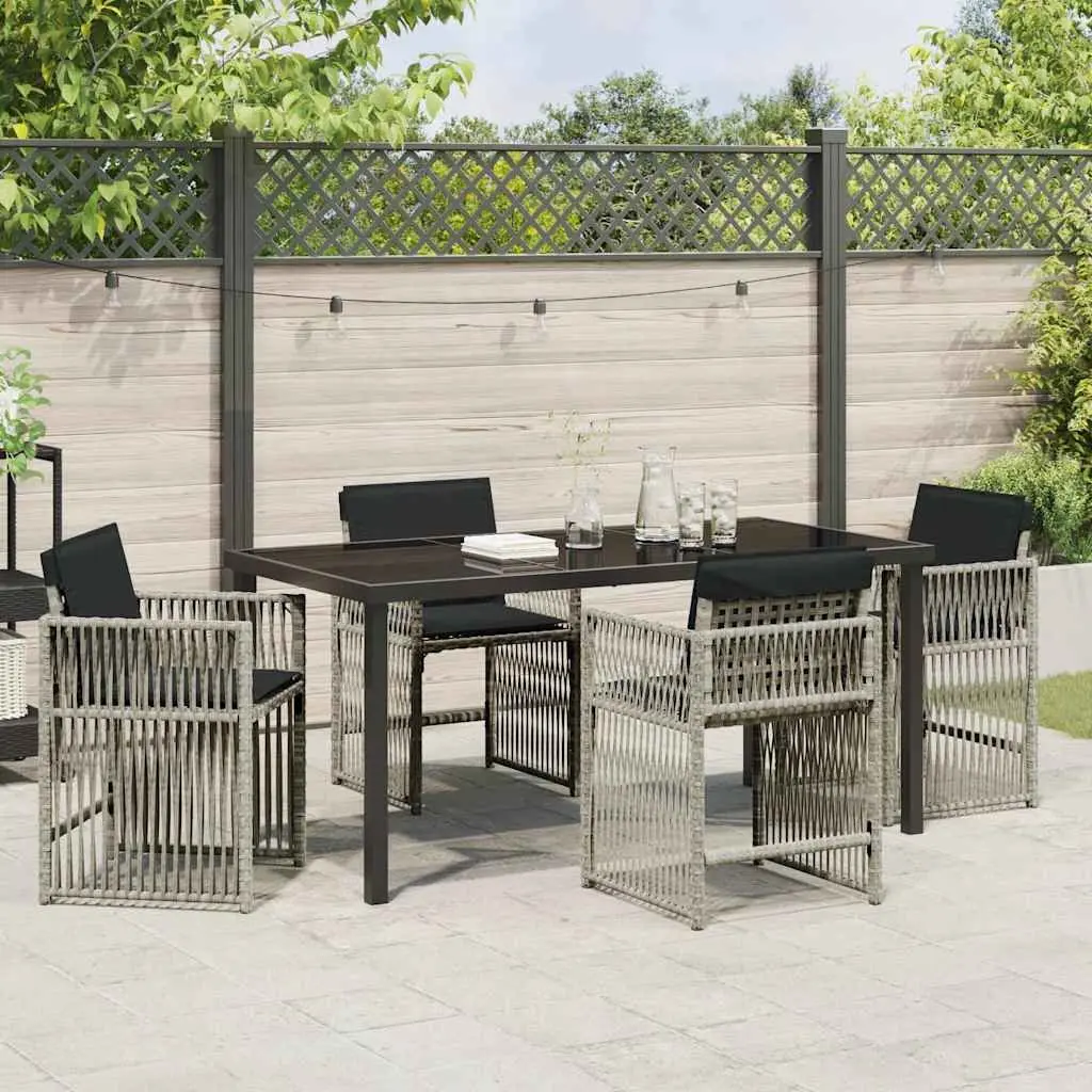 Garden Dining Set Poly Rattan Light Grey 5 Piece Outdoor Furniture with Cushioned Chairs and Glass Top Table