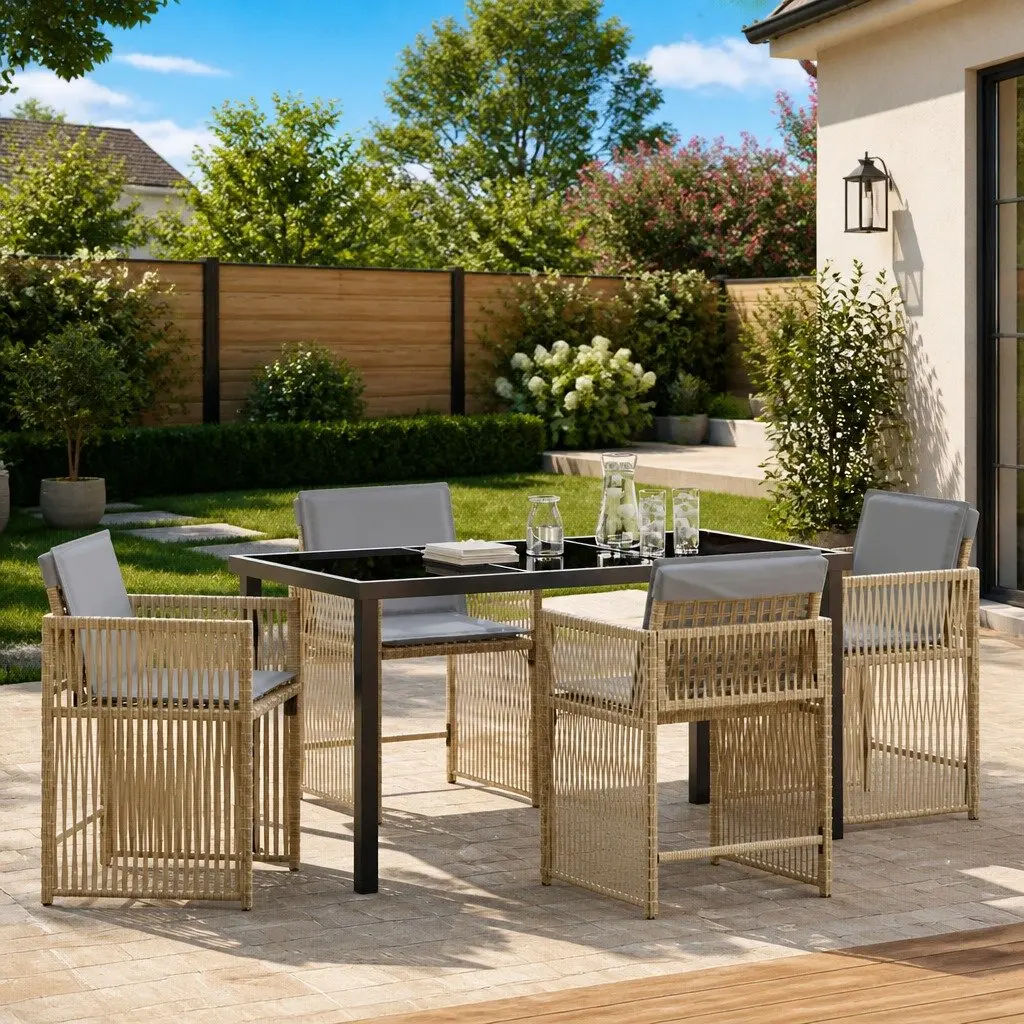 Garden Dining Set 5 Piece Outdoor Furniture Beige Poly Rattan Table Chairs