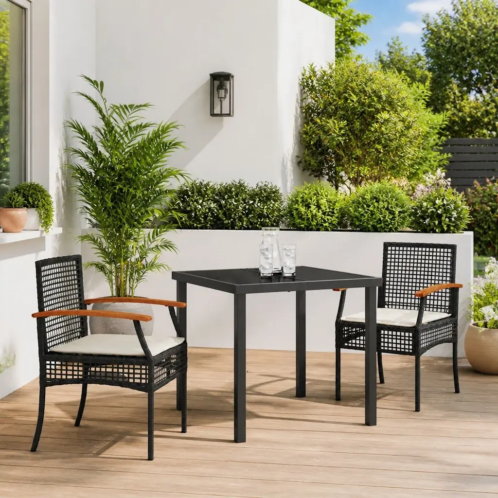 Garden Dining Set 3 Piece Outdoor Furniture Black Rattan Chairs Glass Table