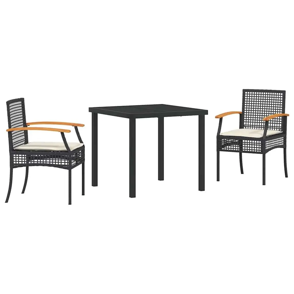Garden Dining Set 3 Piece Outdoor Furniture Black Rattan Chairs Glass Table