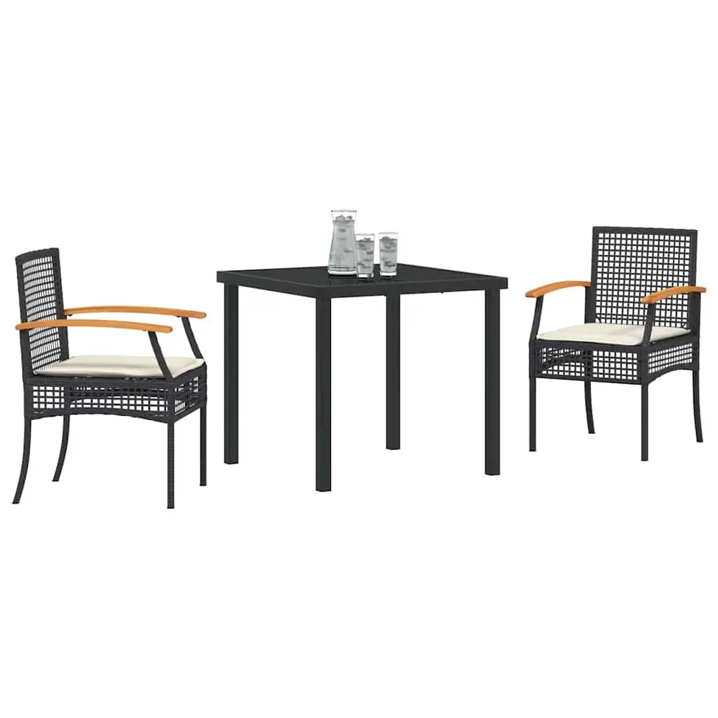 Garden Dining Set 3 Piece Outdoor Furniture Black Rattan Chairs Glass Table