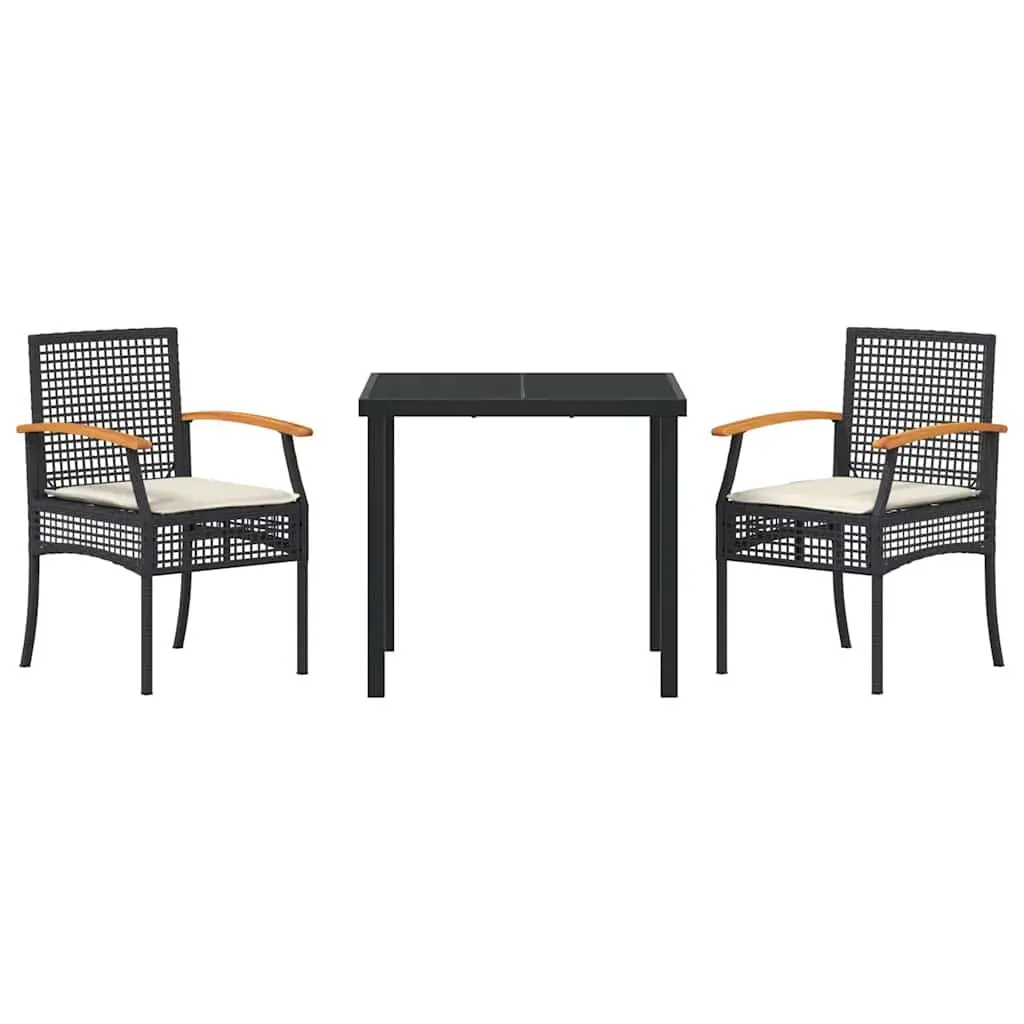 Garden Dining Set 3 Piece Outdoor Furniture Black Rattan Chairs Glass Table