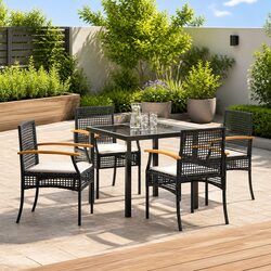 Garden Dining Set 5 Piece Outdoor Furniture Black Rattan Chairs Glass Top Table