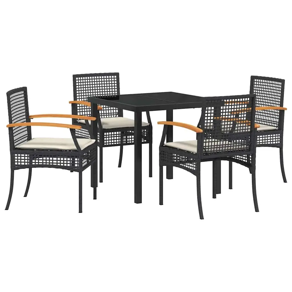 Outdoor Dining Set 5 Piece Black Glass Top Table Poly Rattan Chairs Acacia Wood Construction
