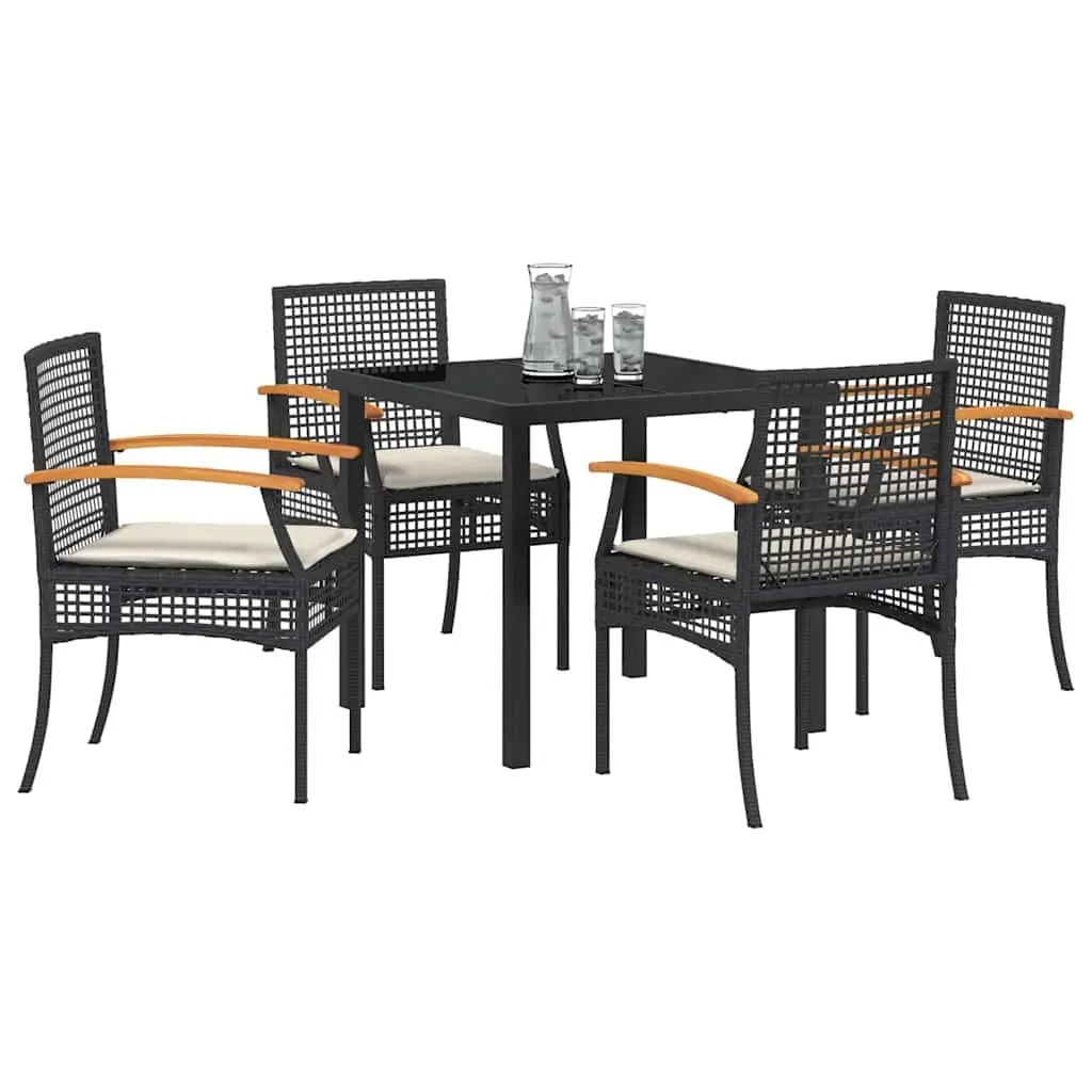 Outdoor Dining Set 5 Piece Black Glass Top Table Poly Rattan Chairs Acacia Wood Construction