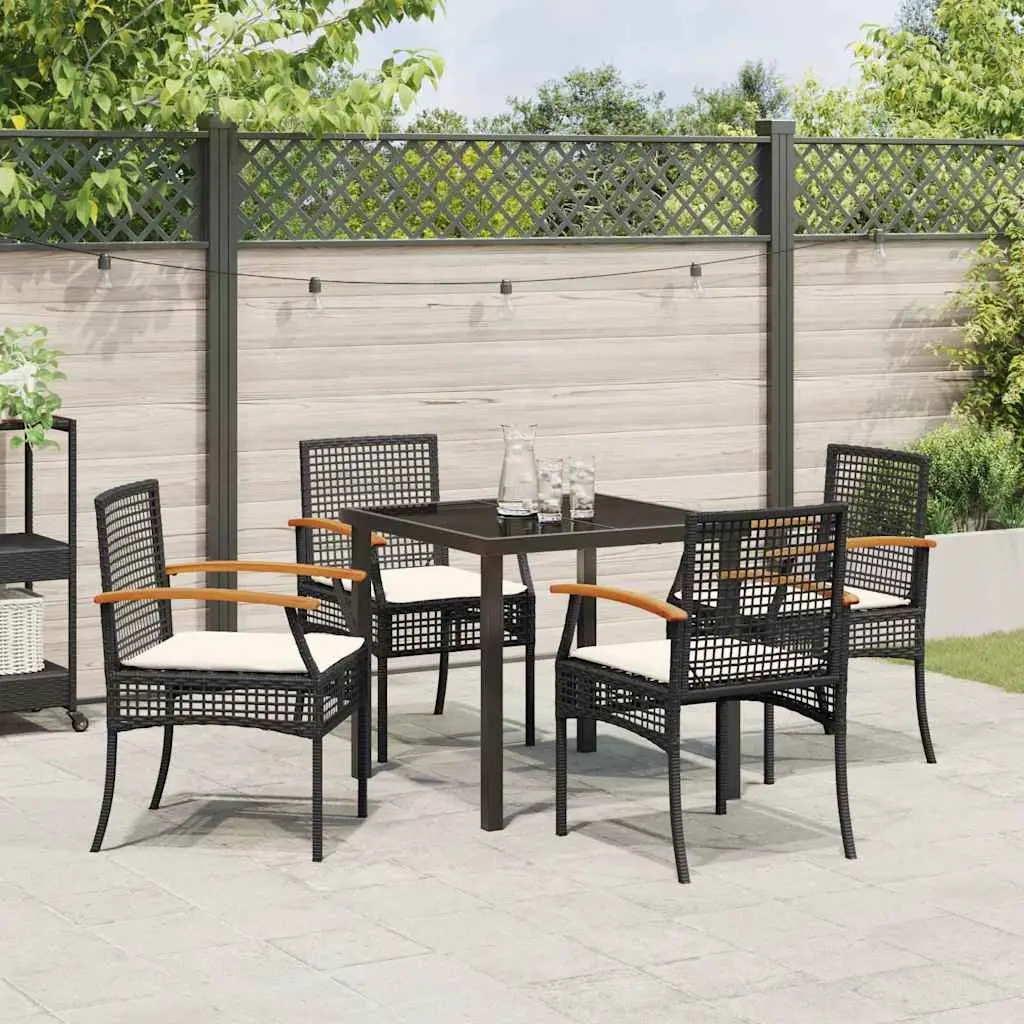 Outdoor Dining Set 5 Piece Black Glass Top Table Poly Rattan Chairs Acacia Wood Construction