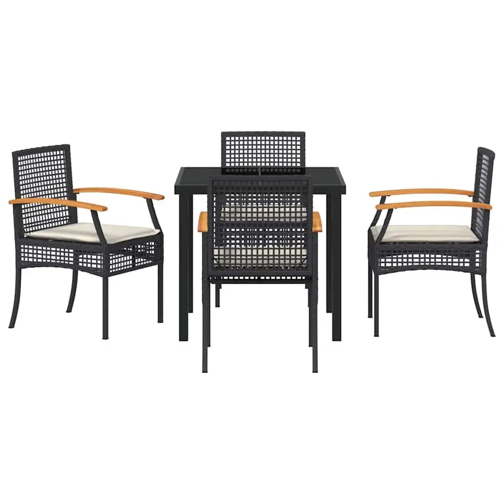 Outdoor Dining Set 5 Piece Black Glass Top Table Poly Rattan Chairs Acacia Wood Construction