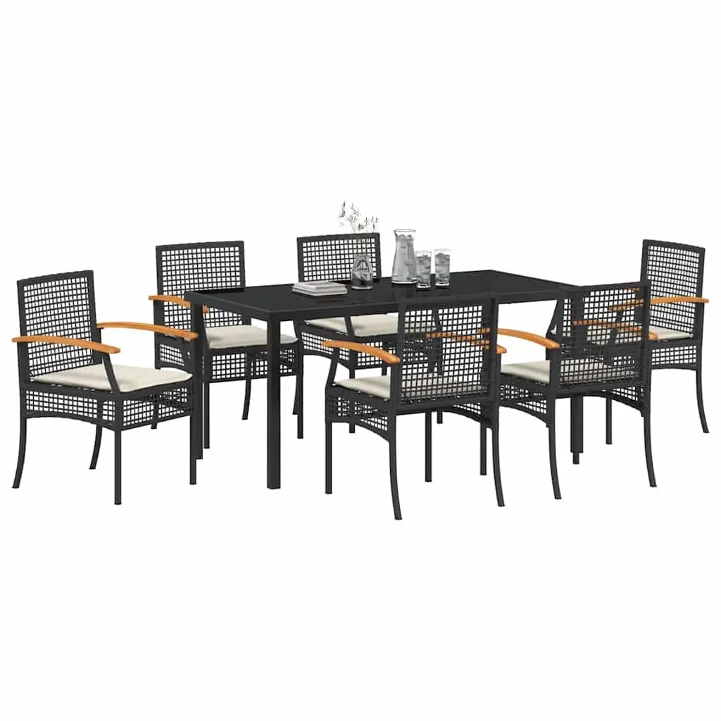 Outdoor Dining Set 7 Pieces Black Rattan Garden Furniture with Glass Table