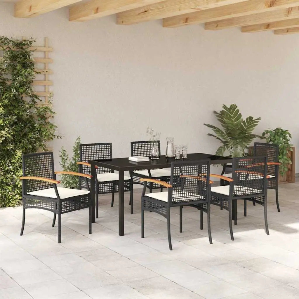 Outdoor Dining Set 7 Pieces Black Rattan Garden Furniture with Glass Table