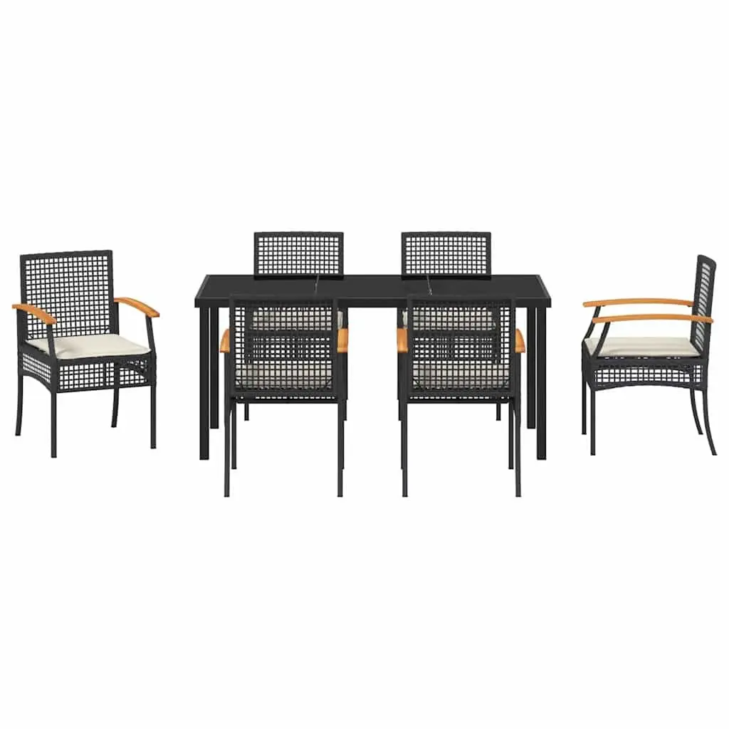 Outdoor Dining Set 7 Pieces Black Rattan Garden Furniture with Glass Table