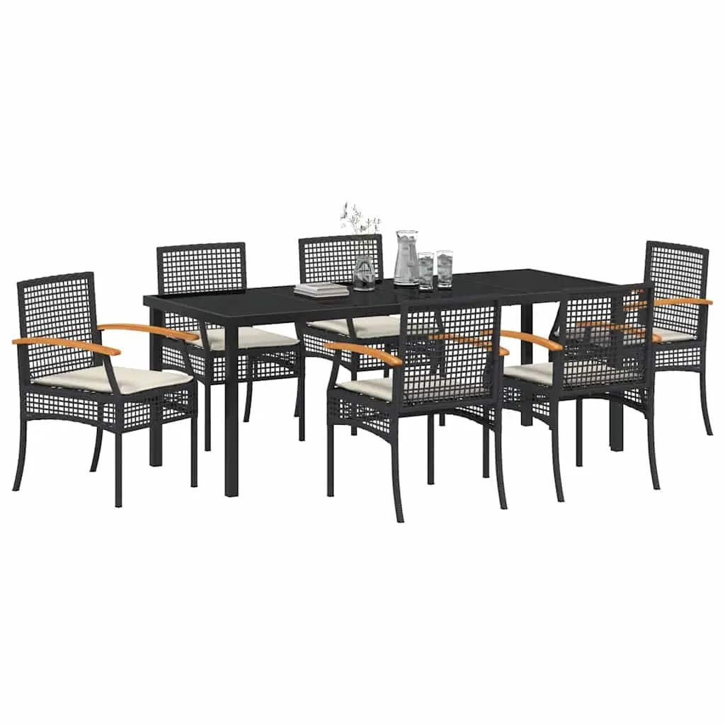 Garden Dining Set Solid Acacia Wood Poly Rattan 7 Piece Outdoor Table Chairs Black