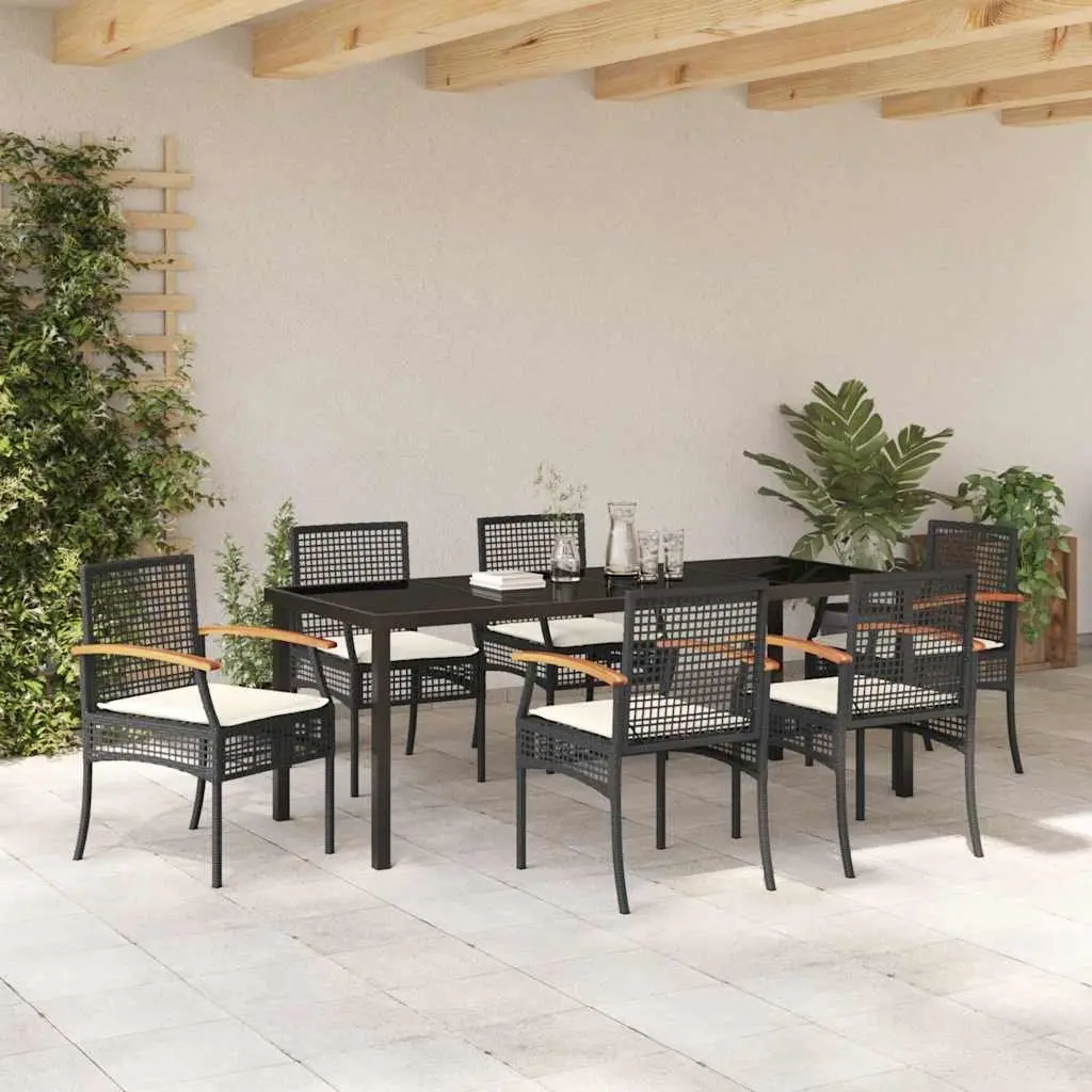 Garden Dining Set Solid Acacia Wood Poly Rattan 7 Piece Outdoor Table Chairs Black
