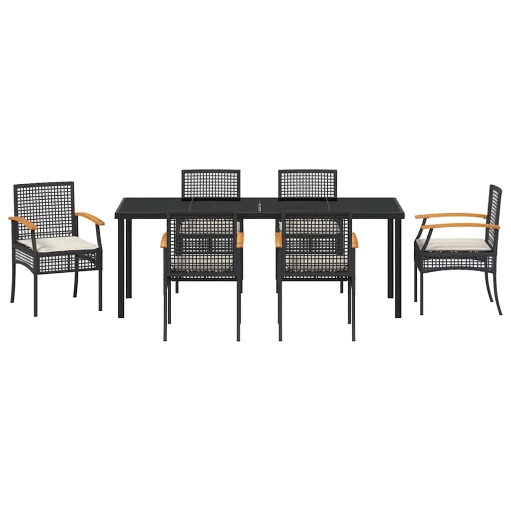 Garden Dining Set Solid Acacia Wood Poly Rattan 7 Piece Outdoor Table Chairs Black