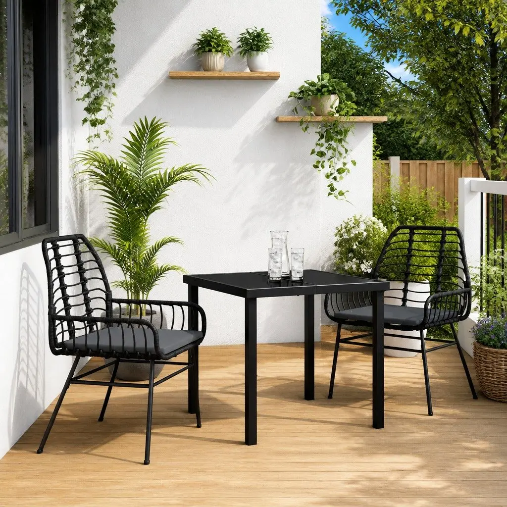 Outdoor Garden Dining Set Poly Rattan 3 Piece Black Steel Frame Glass Table