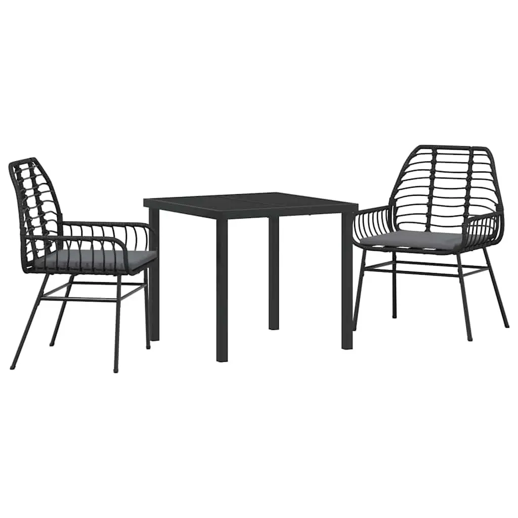 Outdoor Garden Dining Set Poly Rattan 3 Piece Black Steel Frame Glass Table