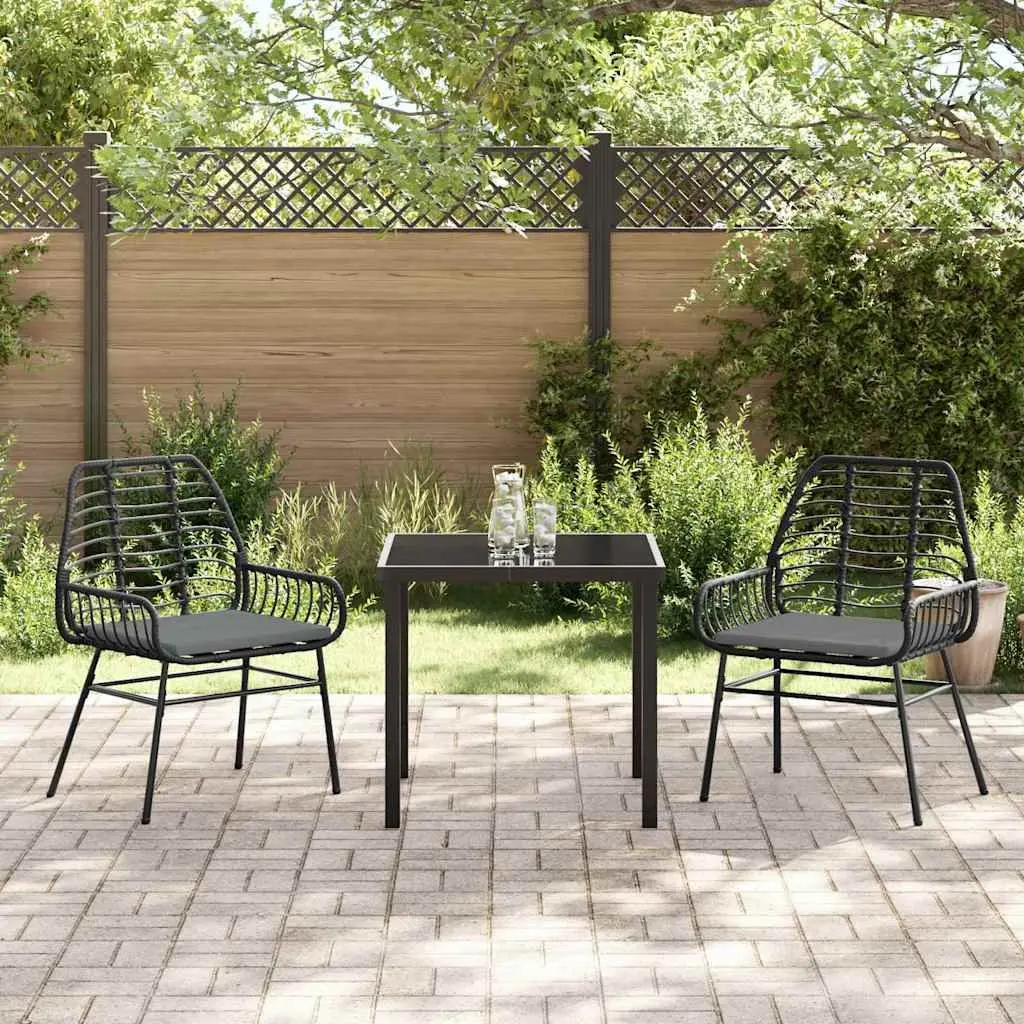 Outdoor Garden Dining Set Poly Rattan 3 Piece Black Steel Frame Glass Table