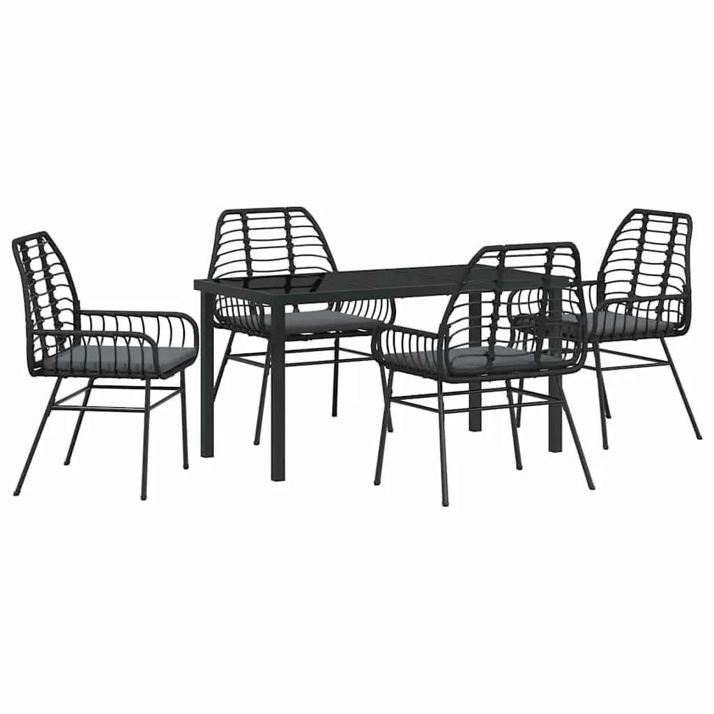 Outdoor Dining Set Black Poly Rattan 5 Piece Furniture with Glass Top Table and Chairs for Patios and Gardens