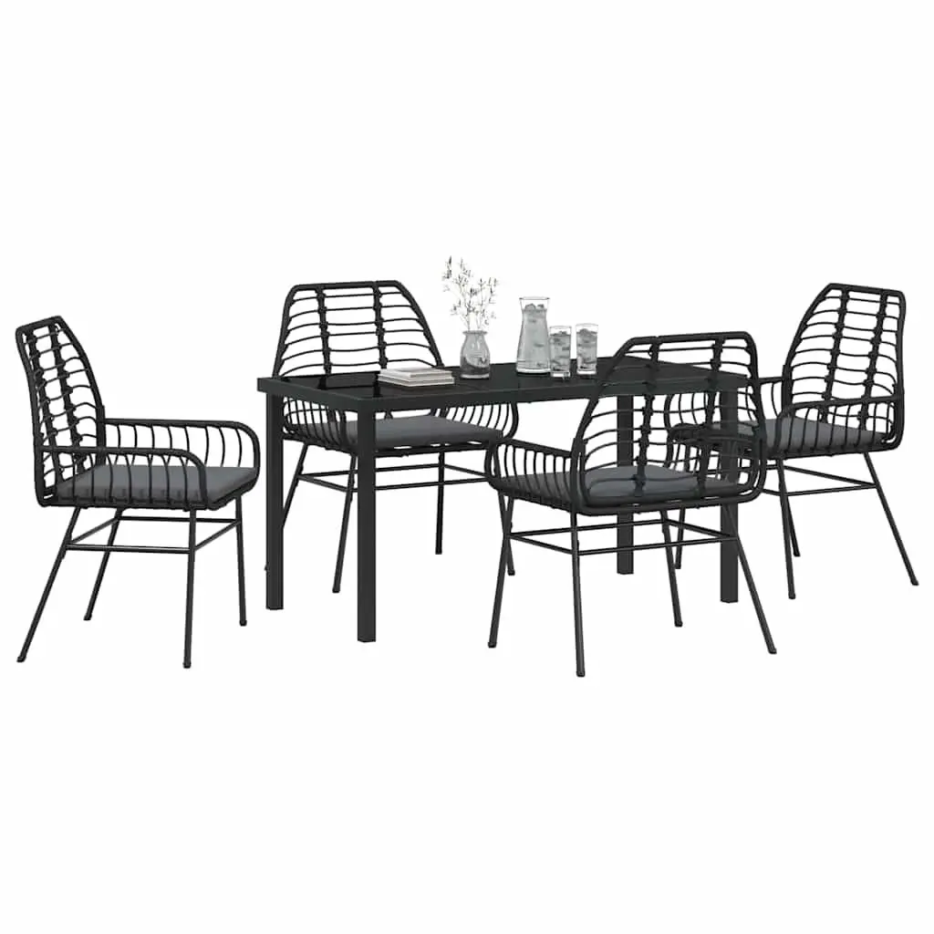 Outdoor Dining Set Black Poly Rattan 5 Piece Furniture with Glass Top Table and Chairs for Patios and Gardens