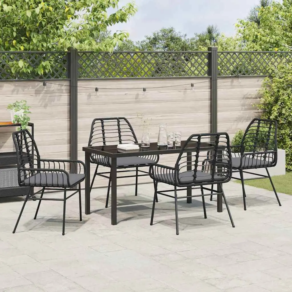 Outdoor Dining Set Black Poly Rattan 5 Piece Furniture with Glass Top Table and Chairs for Patios and Gardens
