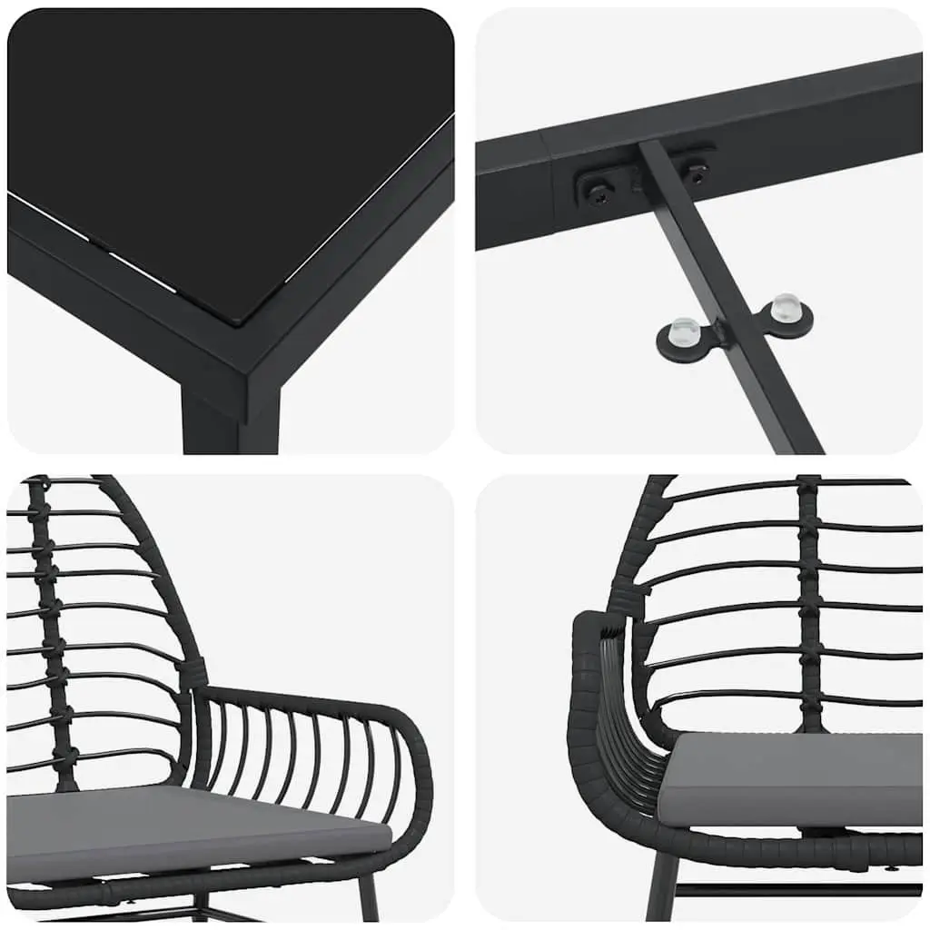 Outdoor Dining Set Black Poly Rattan 5 Piece Furniture with Glass Top Table and Chairs for Patios and Gardens
