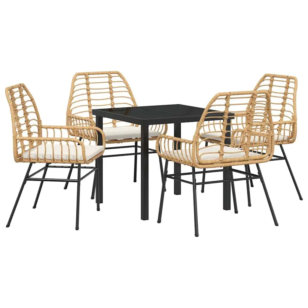 Outdoor Dining Set 5 Pieces Poly Rattan Brown Furniture with Glass Top Dining Table and Chairs for Garden and Patio