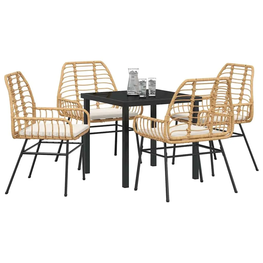 Outdoor Dining Set 5 Pieces Poly Rattan Brown Furniture with Glass Top Dining Table and Chairs for Garden and Patio