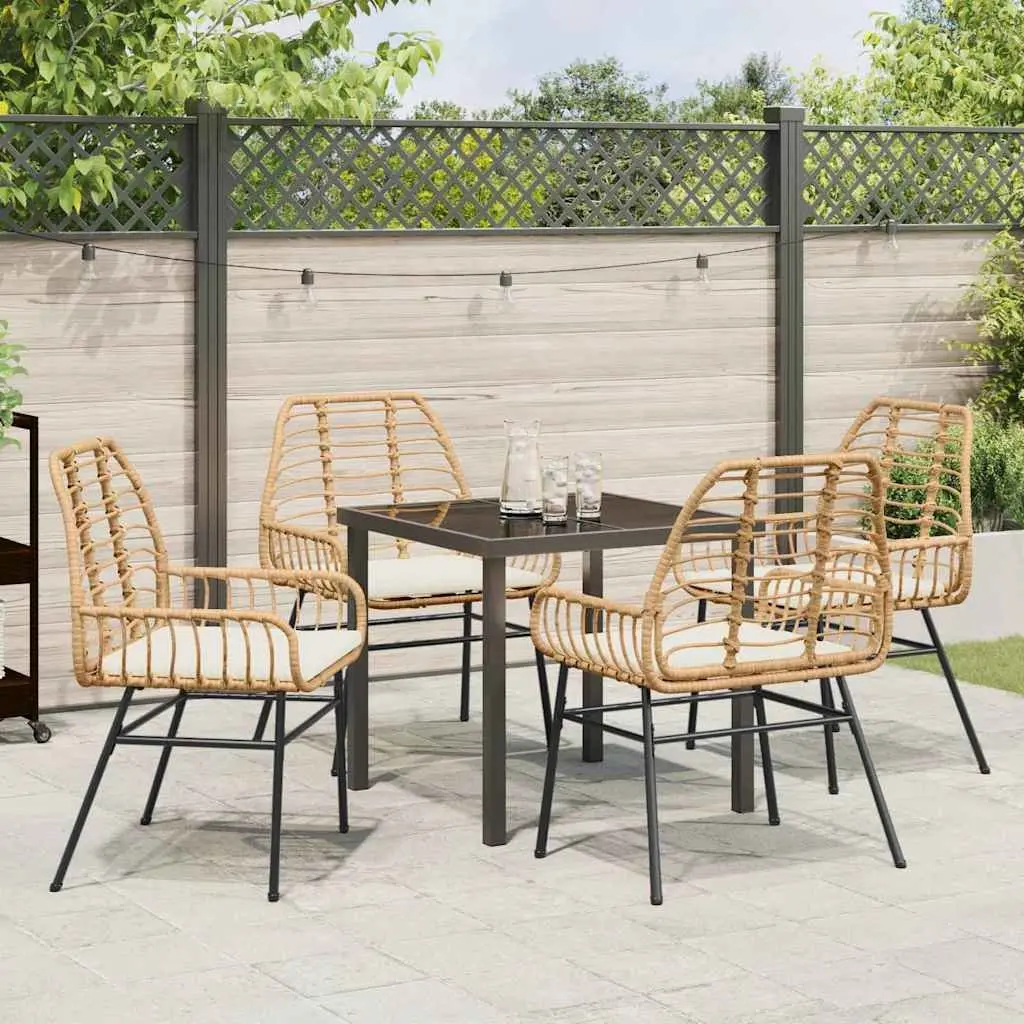 Outdoor Dining Set 5 Pieces Poly Rattan Brown Furniture with Glass Top Dining Table and Chairs for Garden and Patio
