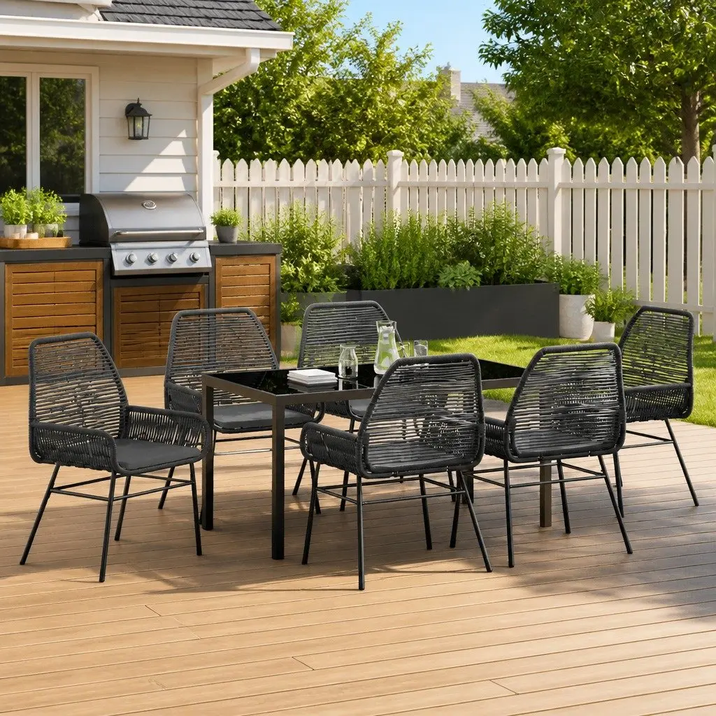 Garden Dining Set 7 Piece Outdoor Furniture Black Poly Rattan Tempered Glass