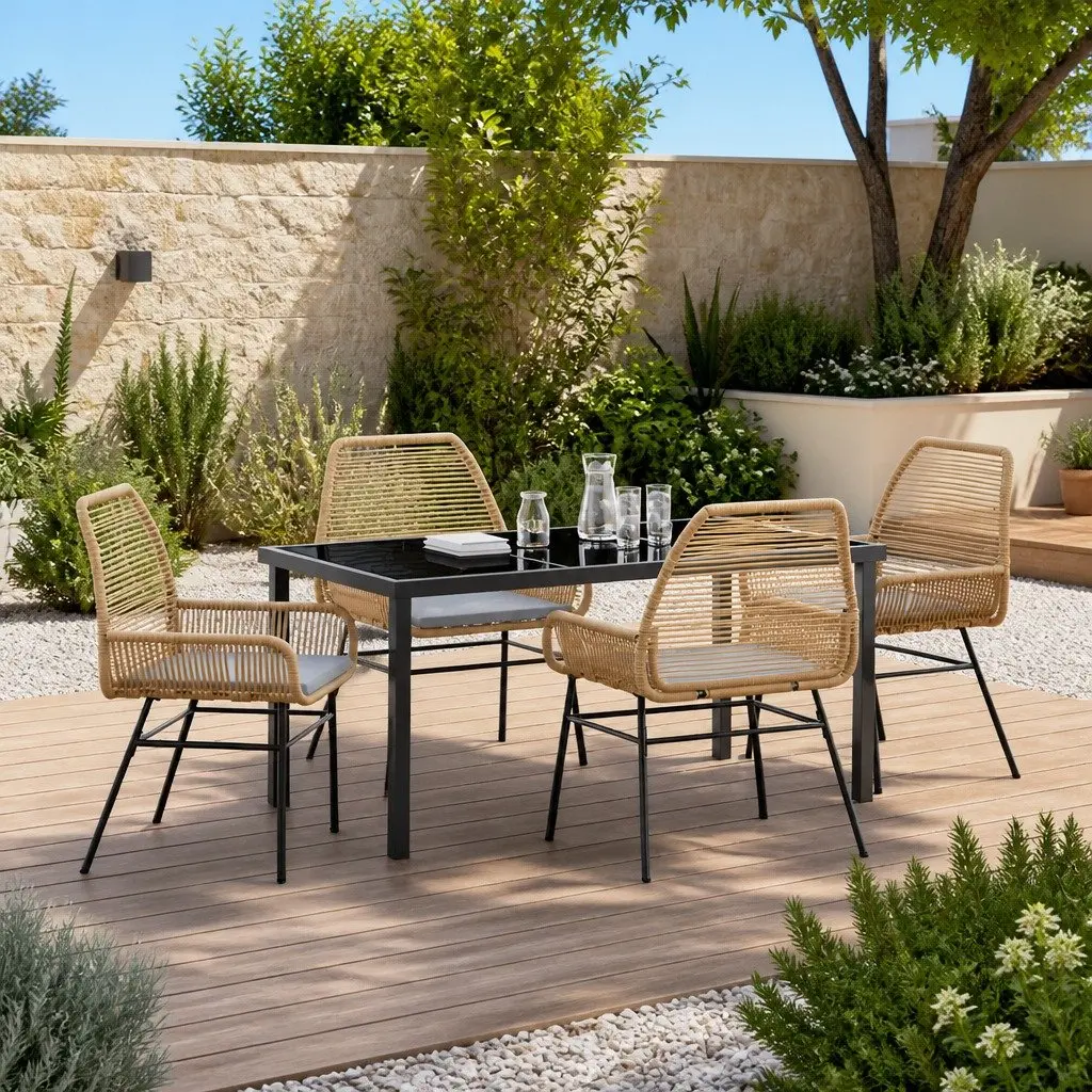 5 Piece Outdoor Garden Dining Set Poly Rattan Brown Table with Cushions