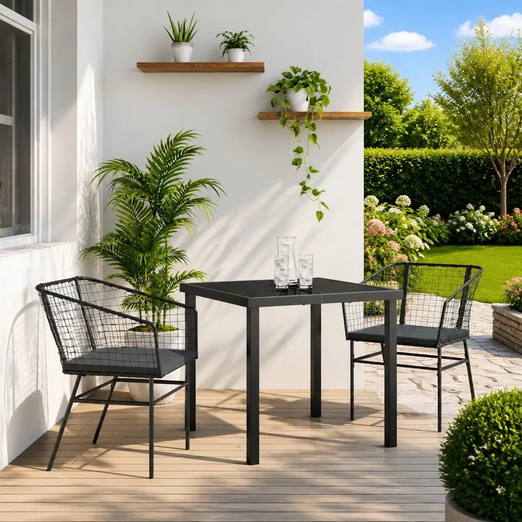 3 Piece Black Rattan Dining Set for Gardens