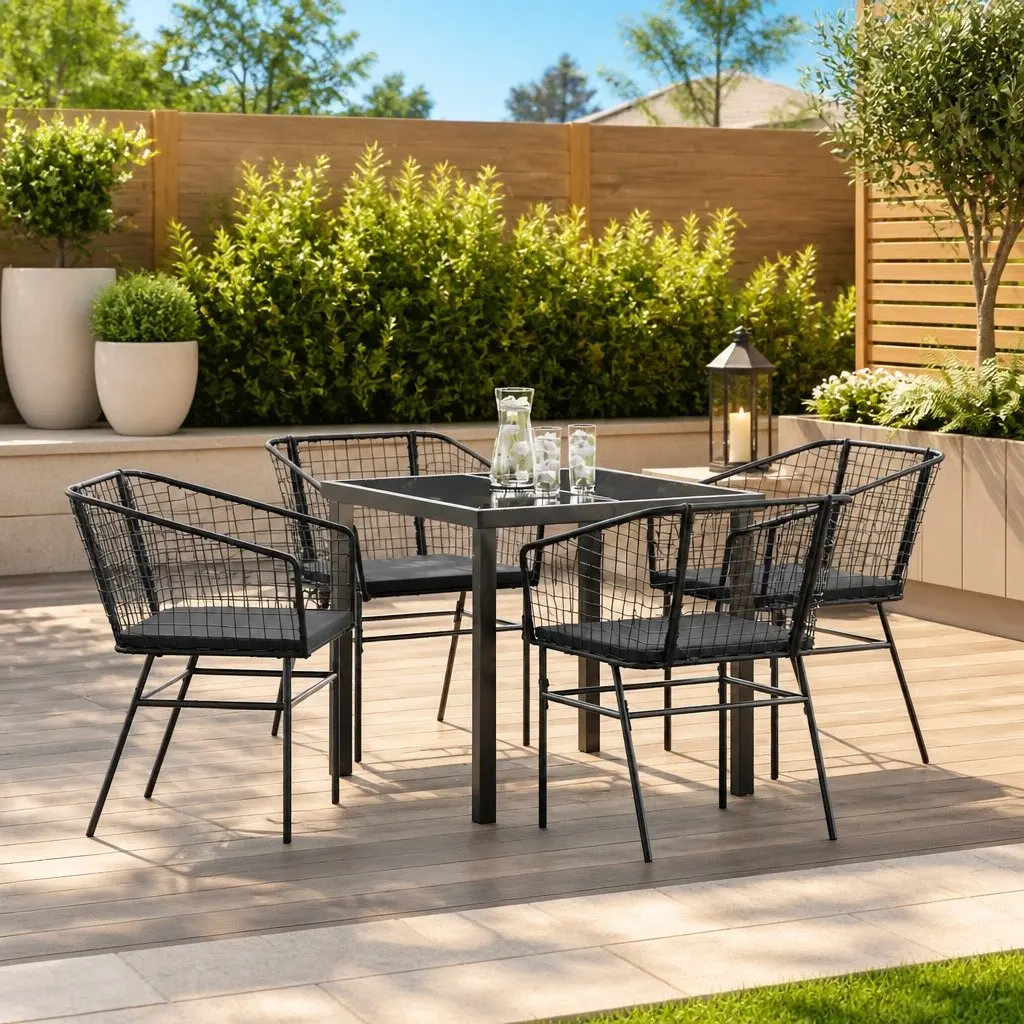 Outdoor Dining Set 5 Piece Black Poly Rattan Garden Furniture Patio Table Chairs