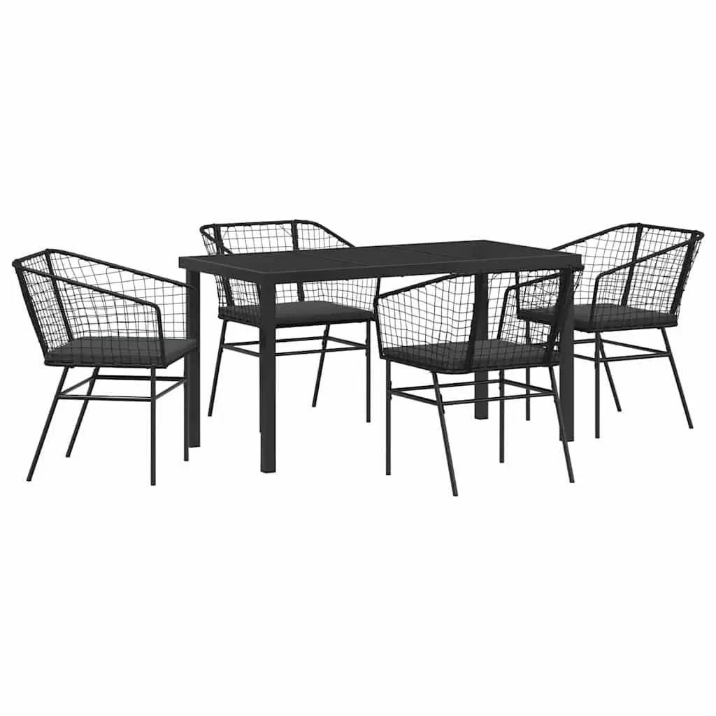 Outdoor Dining Set 5 Pieces Steel Frame Glass Top Black Poly Rattan Furniture