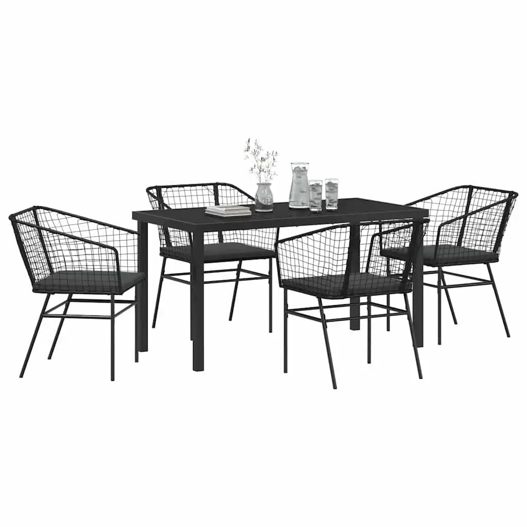 Outdoor Dining Set 5 Pieces Steel Frame Glass Top Black Poly Rattan Furniture