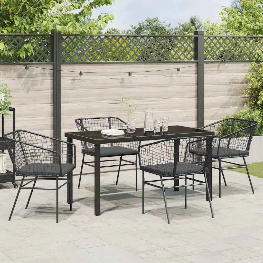 Outdoor Dining Set 5 Pieces Steel Frame Glass Top Black Poly Rattan Furniture