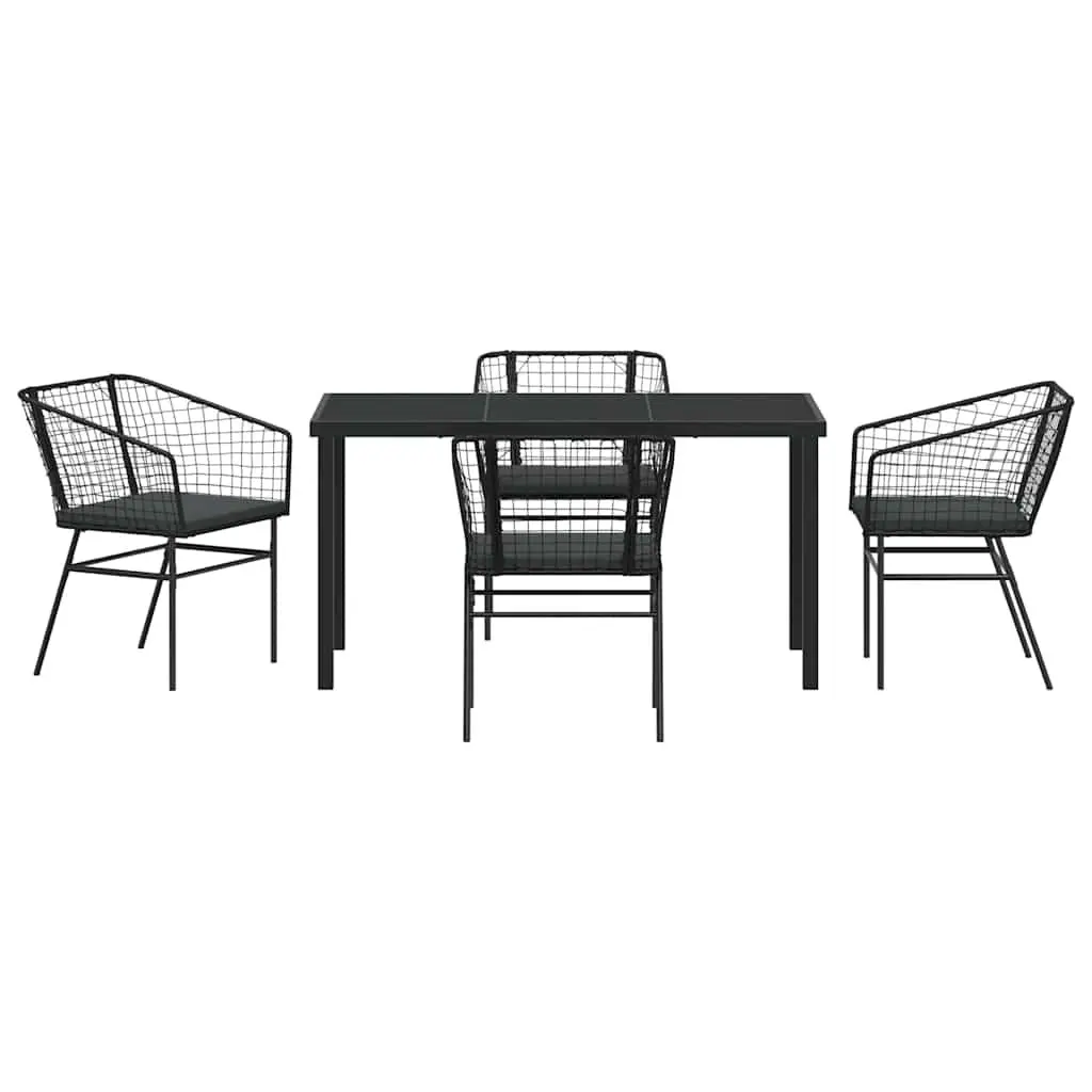 Outdoor Dining Set 5 Pieces Steel Frame Glass Top Black Poly Rattan Furniture