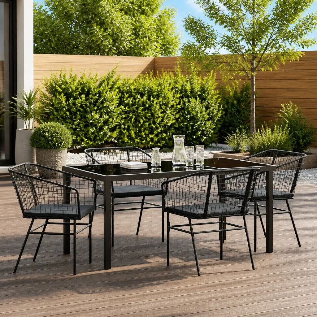 Outdoor Dining Set Poly Rattan Glass Tabletop 5 Piece Black