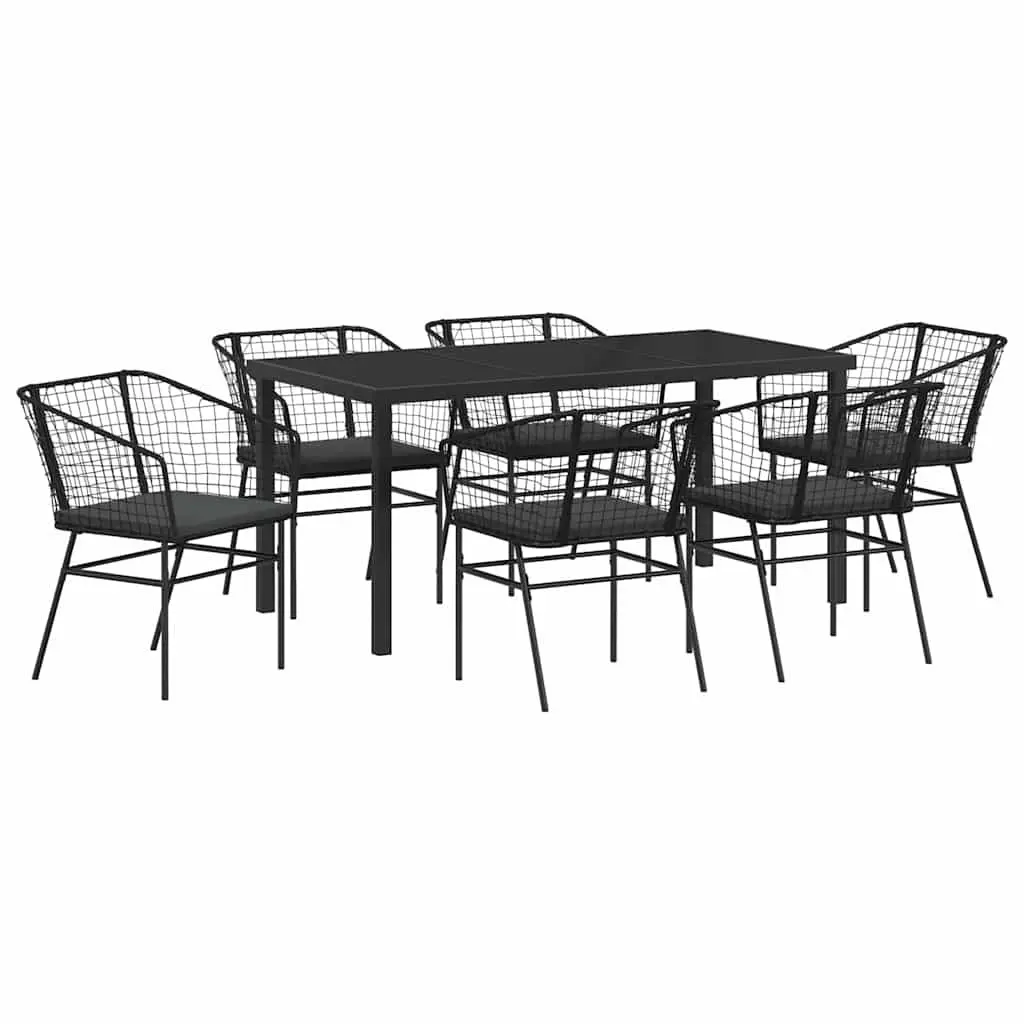 7 Piece Outdoor Furniture Set Poly Rattan Black Glass Top Table Steel Frame Garden Dining