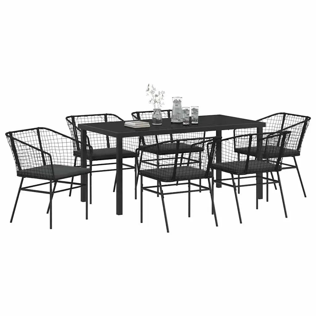 7 Piece Outdoor Furniture Set Poly Rattan Black Glass Top Table Steel Frame Garden Dining