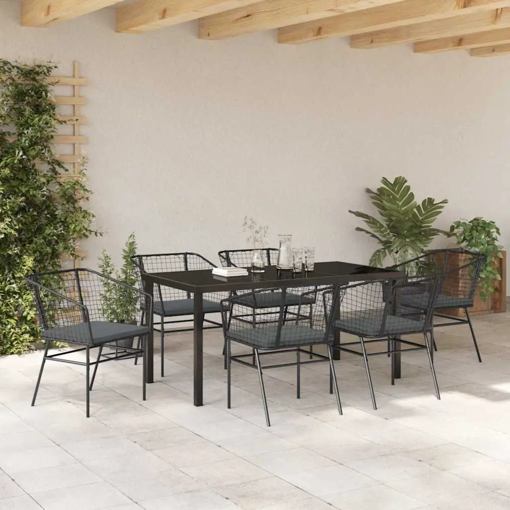 7 Piece Outdoor Furniture Set Poly Rattan Black Glass Top Table Steel Frame Garden Dining